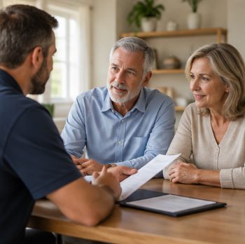 Advisor reviewing inherited property paperwork with a couple at their kitchen table