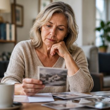 Woman looking through family photographs from an inherited home